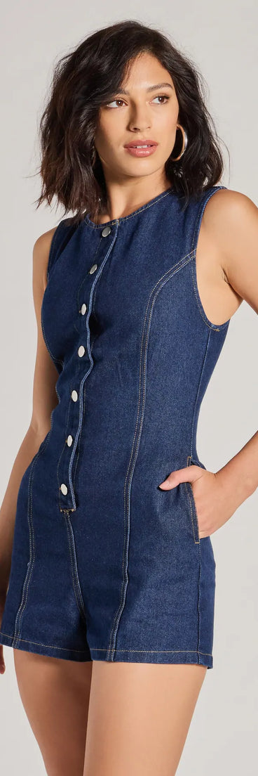 The Casual Cool Button Down Denim Romper is a trendy women's bottom in dark denim wash, designed with modern details and alluring textures to complete chic outfits for 2025.