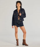 The Trendy Casual High-Rise Denim Skort is a trendy women's bottom in dark denim wash, designed with modern details and alluring textures to complete chic outfits for 2025.