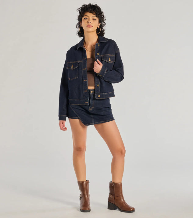 The Trendy Casual High-Rise Denim Skort is a trendy women's bottom in dark denim wash, designed with modern details and alluring textures to complete chic outfits for 2025.