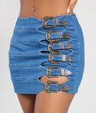 Create bold, fashion-forward looks for spring or summer with the Buckle Down High-Rise Denim Skort in medium denim wash, a must-have piece from Windsor’s collection of stylish bottoms for women.