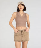 Create bold, fashion-forward looks for spring or summer with the Edgy Yet Sweet Mid-Rise Denim Mini Skort in brown, a must-have piece from Windsor’s collection of stylish bottoms for women.