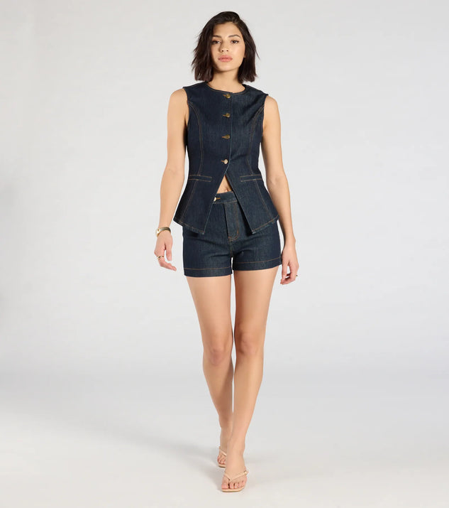 Create bold, fashion-forward looks for spring or summer with the Exceptional Poise High Rise Denim Shorts in dark denim wash, a must-have piece from Windsor’s collection of stylish bottoms for women.