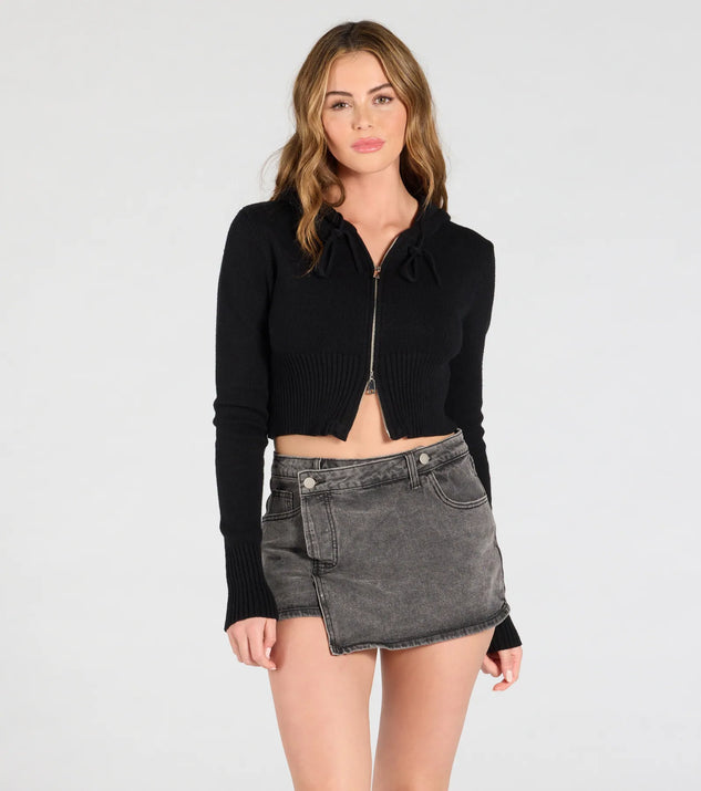 Get the look of a skirt and the comfort of shorts in the City Slicker High-Rise Faux Wrap Denim Skort in charcoal, perfect for staying stylish while on the move this summer.
