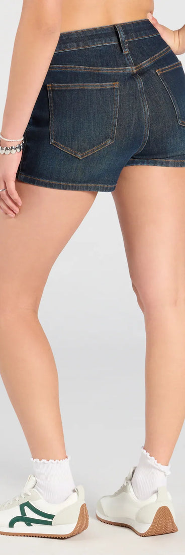 Keep your look easy and on-trend with the Easy Going High-Rise Denim Shorts, dark denim wash jean shorts made  for everyday outfits.