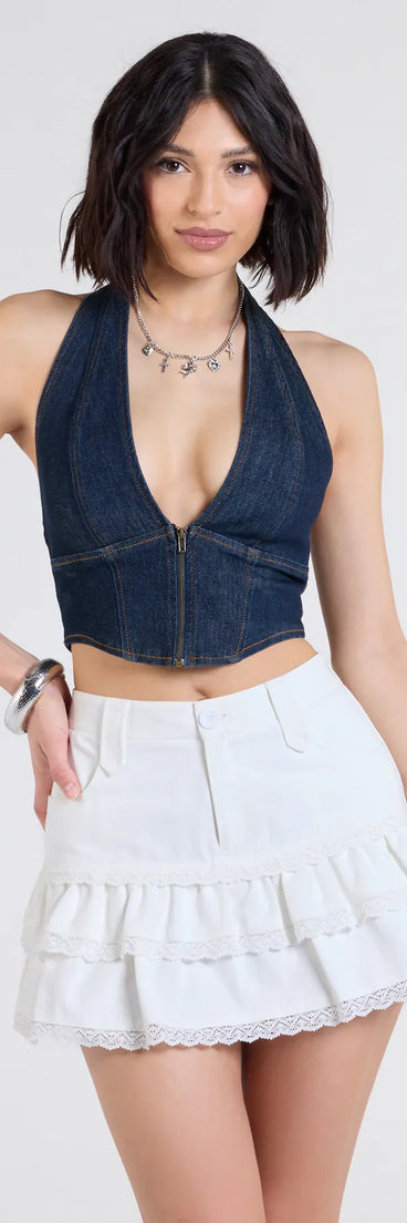 Pair the Love At First Sight Mid-Rise Ruffle Denim Mini Skort with your favorite crop or bodysuit for effortless warm-weather looks with on-trend off-white skorts that speak your style.