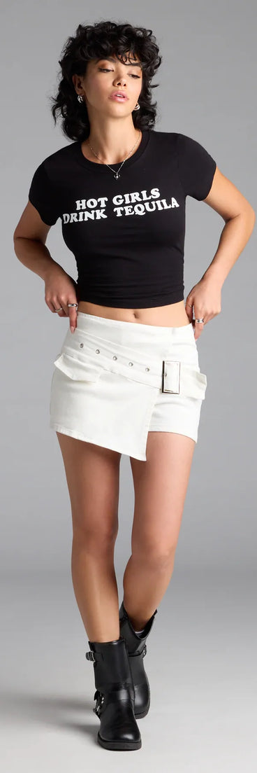 The Short Talk High-Rise Belted Wrap Skort in white brings edge and energy to your vibe, ready to elevate any festival look or concert outfit.