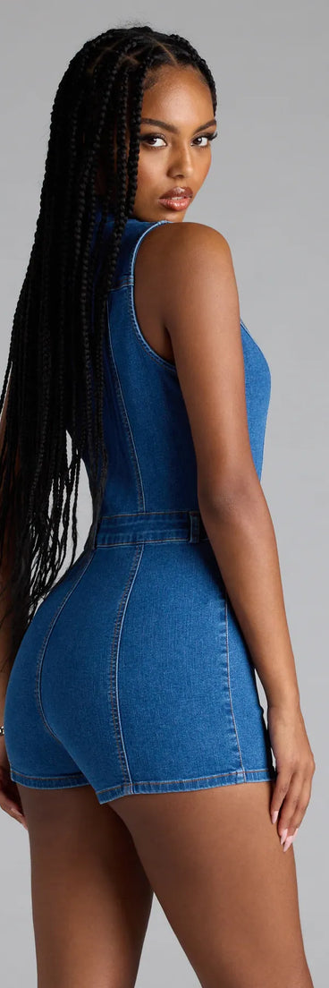 With its easy fit and flirty cut, the Trendy Fab Zip-Front Denim Romper is a medium denim wash one-piece that brings fun, freedom, and movement to your weekend look.
