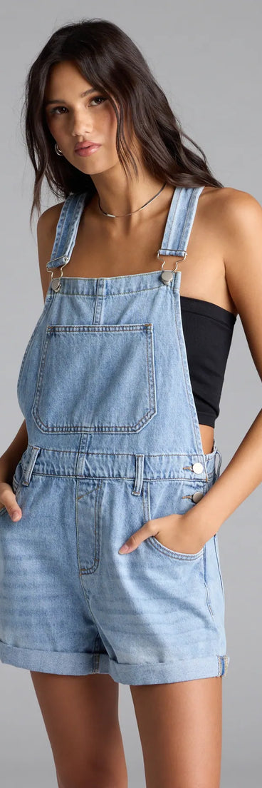 Complete your transitional-weather wardrobe with the Cute Classic Denim Shortall, trendy shorts in medium denim wash made to mix, match, and stand out.