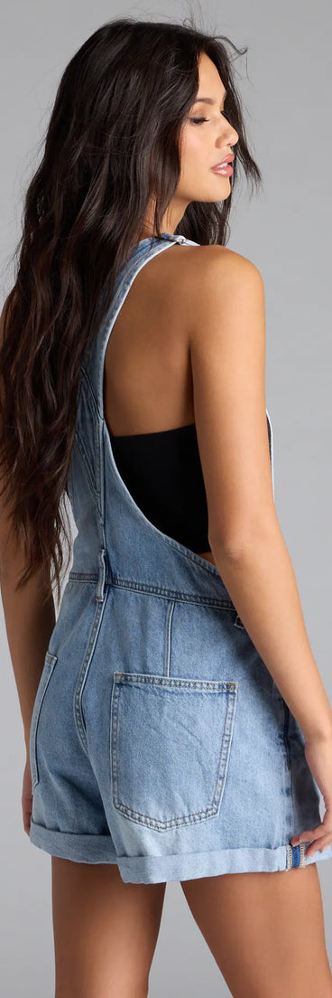 Keep your look easy and on-trend with the Cute Classic Denim Shortall, medium denim wash jean shorts made for everyday outfits.