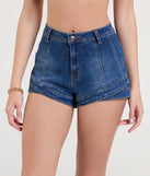 Pair the Crossed Over High-Rise Denim Shorts with your favorite crop or bodysuit for effortless warm-weather looks with on-trend medium denim wash shorts that speak your style.