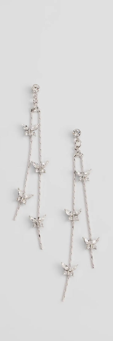 Style your vibe in seconds with the Sparkly Charm Rhinestone Butterfly Linear Earrings in silver, a fashion accessories essential that completes any outfit with ease.