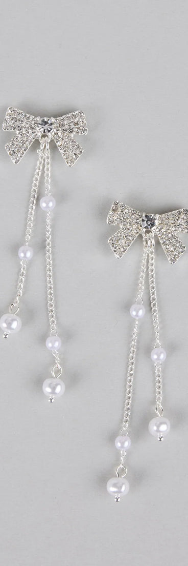 Darling Drama Rhinestone Bow Pearl Drop Earrings