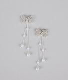 Darling Drama Rhinestone Bow Pearl Drop Earrings