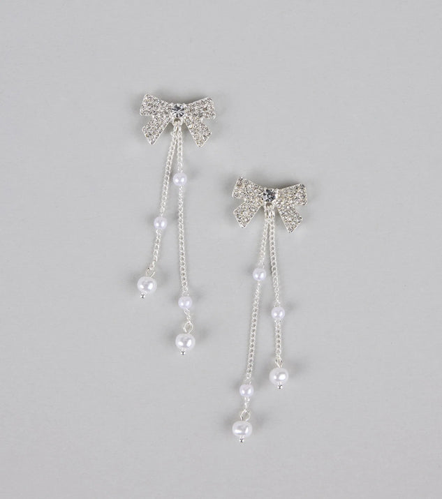 Darling Drama Rhinestone Bow Pearl Drop Earrings