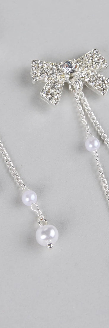 Darling Drama Rhinestone Bow Pearl Drop Earrings