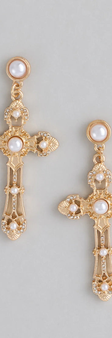 Vintage Muse Cross Faux Pearl Earrings