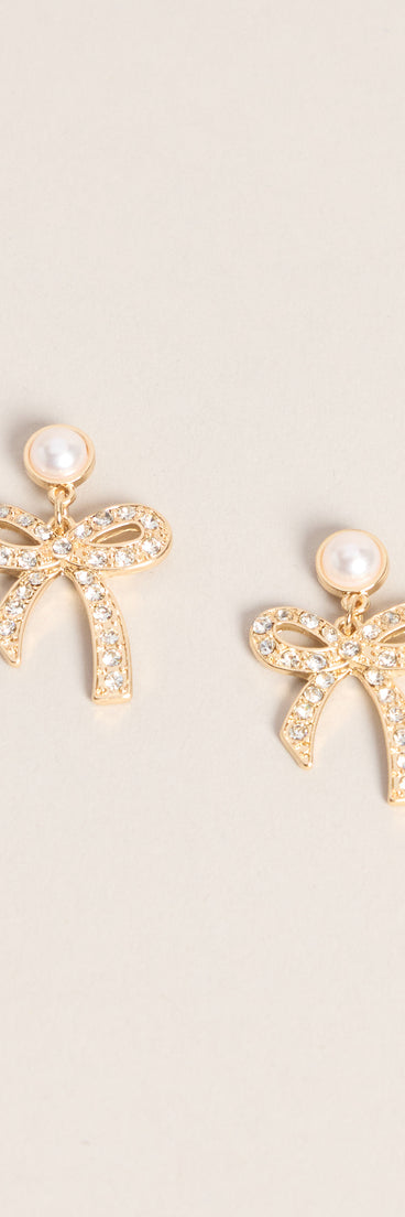 Pretty Please Pearl Rhinestone Bow Drop Earrings