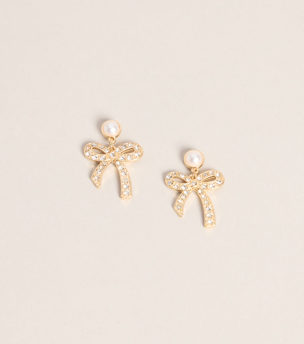 Pretty Please Pearl Rhinestone Bow Drop Earrings & Windsor
