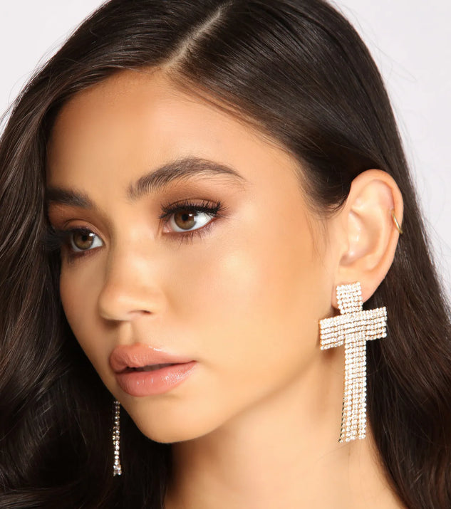 Rhinestone Cross Duster Earrings