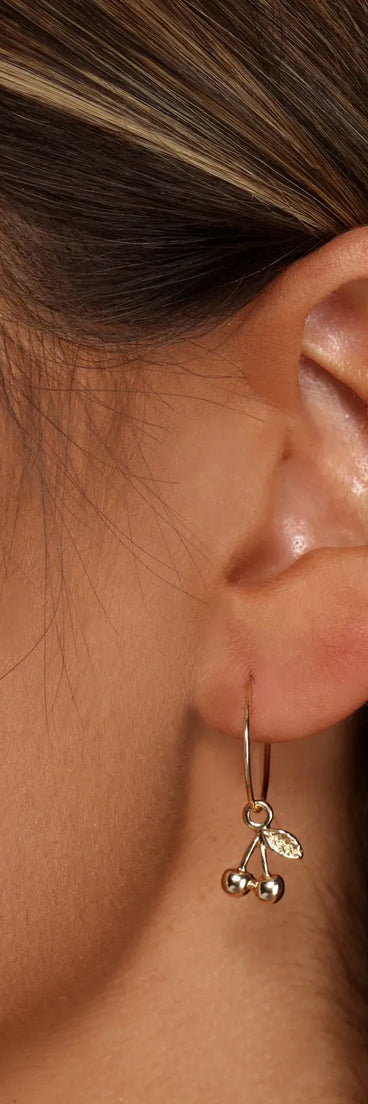 Dainty Cherry Charm Hoop Earrings