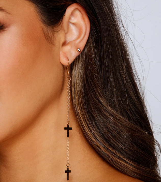 Cross Charm Linear Drop Earrings