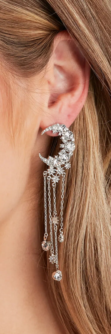 Crescent Moon Rhinestone Fringe Earrings