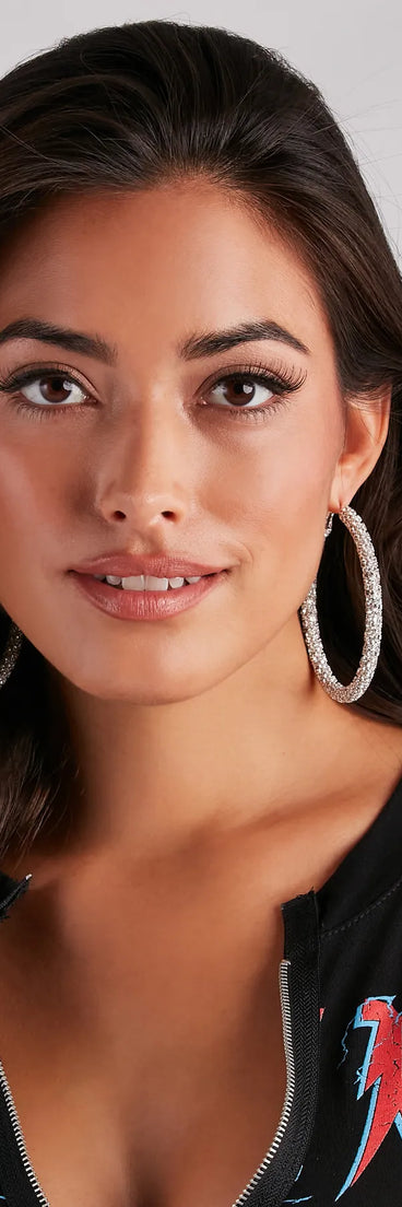 Statement Rhinestone Hoop Earrings, a trendy silver addition to women's going-out outfits, is ideal for party attire, chic concert outfits, or night-out looks that keep you on-trend!