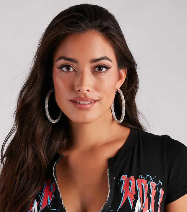 Statement Rhinestone Hoop Earrings, a trendy silver addition to women's going-out outfits, is ideal for party attire, chic concert outfits, or night-out looks that keep you on-trend!