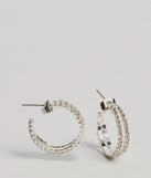 Double Trouble Rhinestone Hoop Earrings, a trendy silver addition to women's going-out outfits, is ideal for Christmas party outfits, chic NYE attire, or winter night-out looks that keep you on-trend!