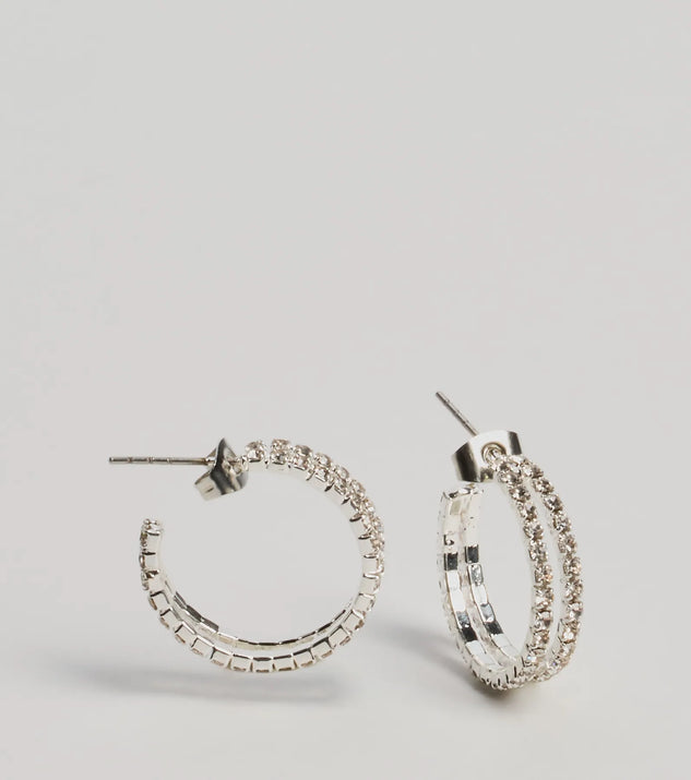 Double Trouble Rhinestone Hoop Earrings, a trendy silver addition to women's going-out outfits, is ideal for Christmas party outfits, chic NYE attire, or winter night-out looks that keep you on-trend!