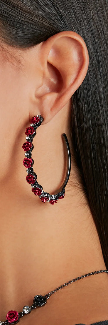 Divine Enchantment Hematite Rose Hoop Earrings