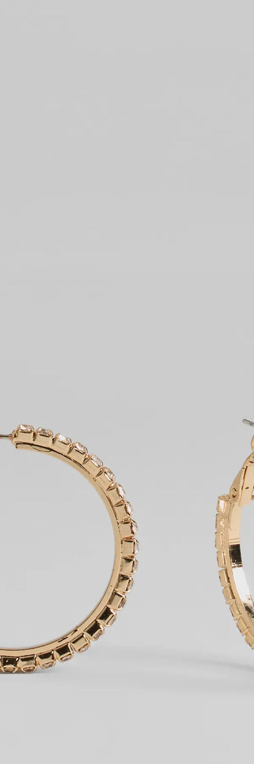 The Pretty Sparkle Rhinestone Hoop Earrings in gold is a women's workwear essential with an elevated fabric and chic silhouette, ideal for layering and versatile enough to take your look from office chic to going-out ready!