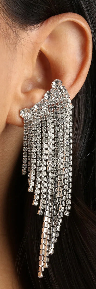 Go For The Glamour Rhinestone Fringe Cuff Earrings
