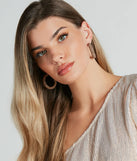 Get ready for any event with the Glitzy Soiree Rhinestone-Beaded Hoop Earrings in gold, an essential start to creating a versatile holiday outfit for women for holiday parties, cocktail hours, or NYE events.