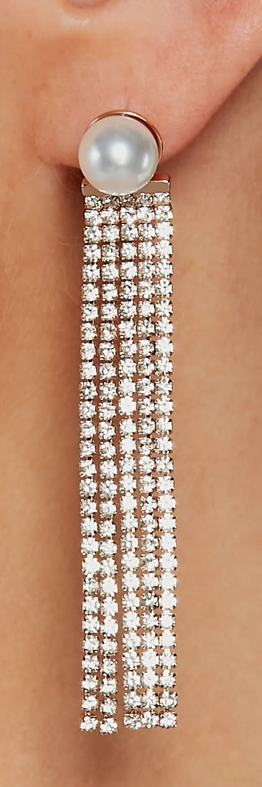 Tasteful Trend Faux Pearl Rhinestone Fringe Earrings