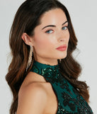 The So Glamorous Rhinestone Fringe Earrings helps create a chic gold women's cocktail outfit with a trendy texture and stylish design, ideal for wedding guest cocktail outfits or dinner parties.