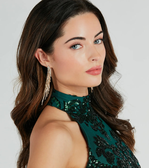 The So Glamorous Rhinestone Fringe Earrings helps create a chic gold women's cocktail outfit with a trendy texture and stylish design, ideal for wedding guest cocktail outfits or dinner parties.