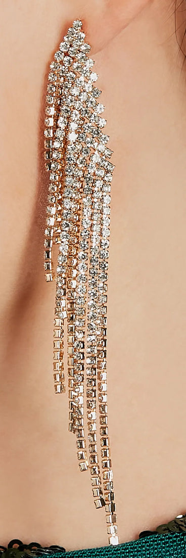 The So Glamorous Rhinestone Fringe Earrings helps create a chic gold women's cocktail outfit with a trendy texture and stylish design, ideal for wedding guest cocktail outfits or dinner parties.