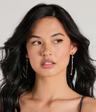 The Beauty Perfection Linear Rhinestone Earrings helps create a chic gold women's cocktail outfit with a trendy texture and stylish design, ideal for wedding guest cocktail outfits or dinner parties.