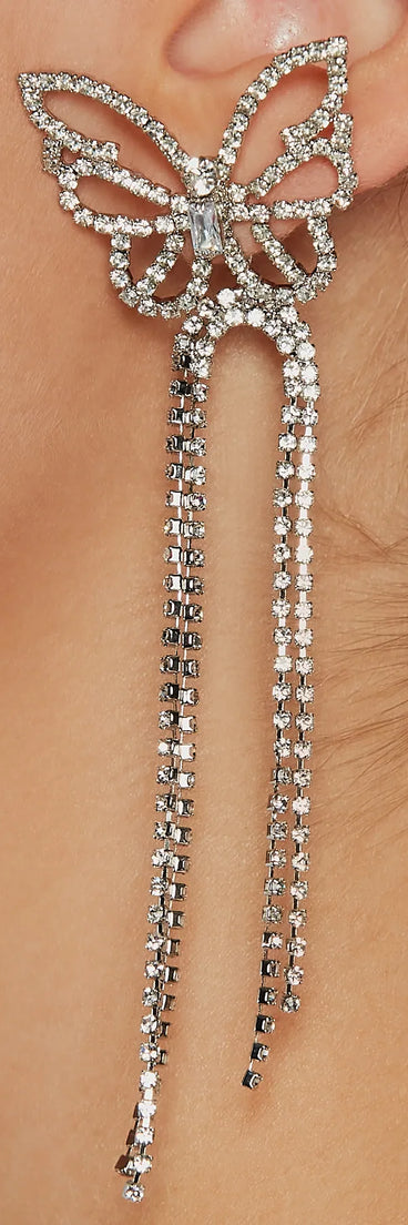 Flirty Glam Rhinestone Butterfly Fringe Earrings