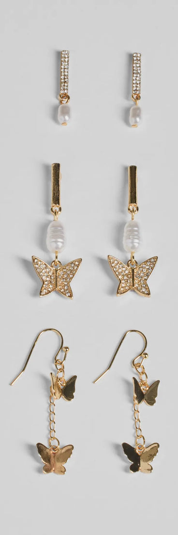 Glam Rhinestone And Pearl Butterfly Earrings Set