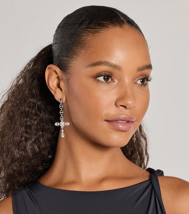 The Glam Sheen Rhinestone Cross Earrings brings edge and energy to your vibe, ready to elevate any festival look or concert outfit.