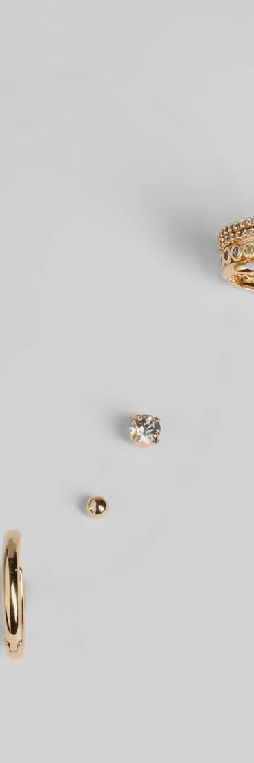 The Curated Cuteness Four Pack Earring Set in gold is a women's workwear piece offering a trendy style and unique accents, perfect for effortlessly creating an outfit-of-the-day look that transitions your office look to going-out ready.