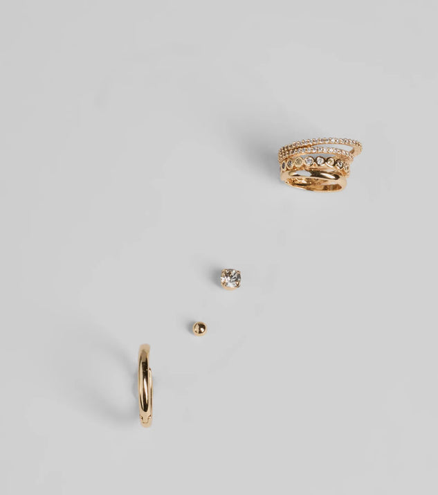 The Curated Cuteness Four Pack Earring Set in gold is a women's workwear piece offering a trendy style and unique accents, perfect for effortlessly creating an outfit-of-the-day look that transitions your office look to going-out ready.