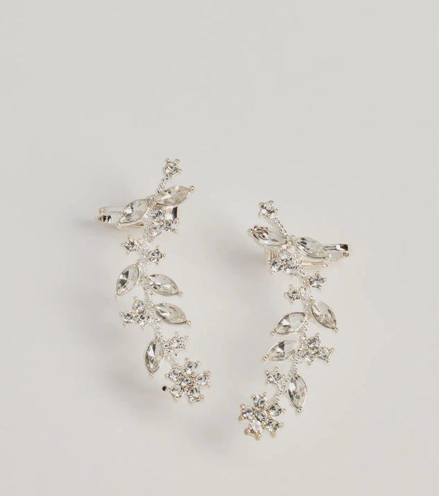 A Touch Of Luxe Rhinestone Leaf Ear Crawler Earrings, a trendy silver addition to women's going-out outfits, is ideal for Christmas party outfits, chic NYE attire, or winter night-out looks that keep you on-trend!