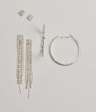 Get ready for any event with the Time To Shine Rhinestone Three-Pack Earring Set in silver, an essential start to creating a versatile outfit for women for parties, cocktail hours, or Valentine's Day events.