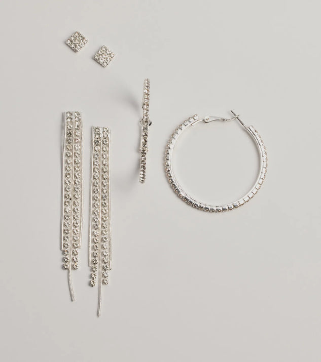 Get ready for any event with the Time To Shine Rhinestone Three-Pack Earring Set in silver, an essential start to creating a versatile outfit for women for parties, cocktail hours, or Valentine's Day events.