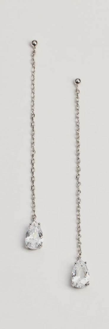 The Everlasting Shine Rhinestone Linear Earrings helps create a chic silver women's cocktail outfit with a trendy texture and stylish design, ideal for wedding guest cocktail outfits or dinner parties.