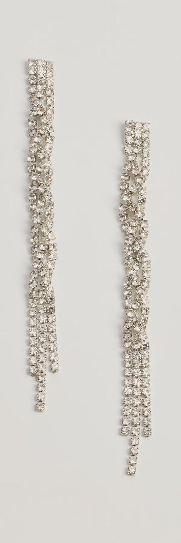 The Living Luxe Rhinestone Fringe Twist Earrings helps create a chic silver women's cocktail outfit with a trendy texture and stylish design, ideal for wedding guest cocktail outfits or dinner parties.