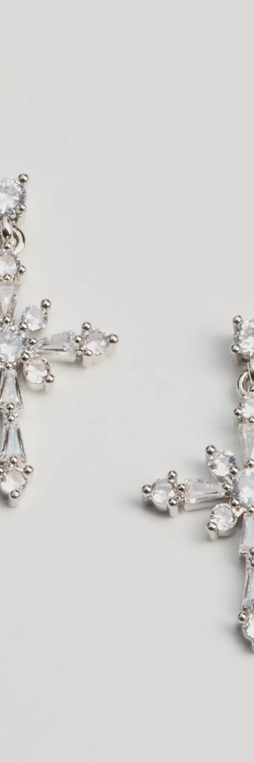 Divine Dazzle Cubic Zirconia Cross Charm Earrings, a trendy silver addition to women's going-out outfits, is ideal for party attire, chic concert outfits, or night-out looks that keep you on-trend!